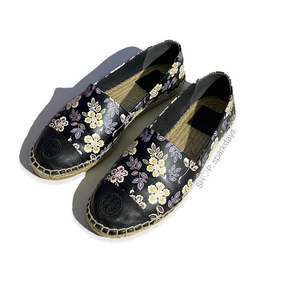 Tory Burch Black Floral Leather Colorblock Slip On Espadrille Flat | 7 - Picture 8 of 8